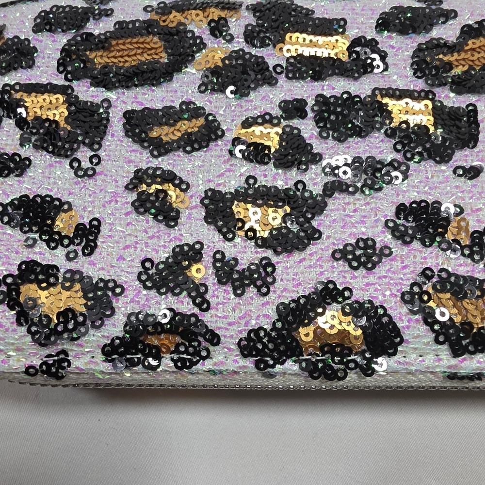 RFID blocking Sequin Leopard Print Double Zip Clutch with Wrist strap NEW - Picture 3 of 9